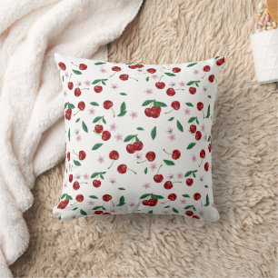 Botanical Red Cherries Greenery & Cherry Blossoms  Cushion