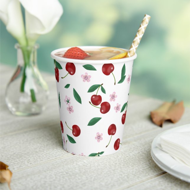Botanical Red Cherries Greenery & Cherry Blossoms  Paper Cups (Insitu)