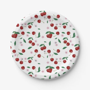 Botanical Red Cherries Greenery & Cherry Blossoms Paper Plate