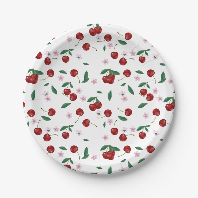 Botanical Red Cherries Greenery & Cherry Blossoms  Paper Plate (Front)