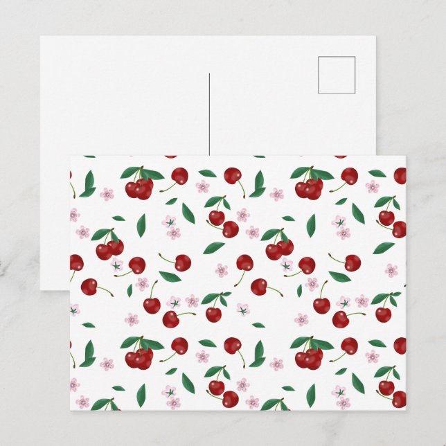 Botanical Red Cherries Greenery & Cherry Blossoms  Postcard (Front/Back)