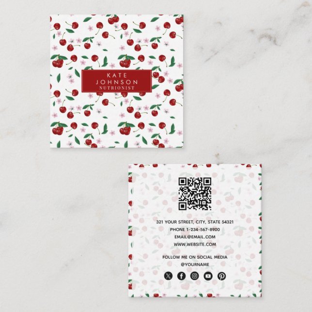 Botanical Red Cherries Greenery & Cherry Blossoms  Square Business Card (Front/Back)