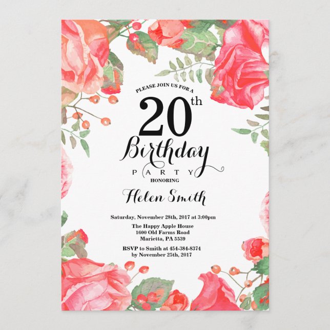 Botanical Red Floral 20th Birthday Invitation (Front)
