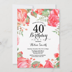 Botanical Red Floral 40th Birthday Invitation