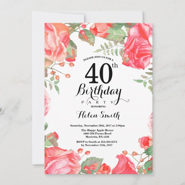 Botanical Red Floral 40th Birthday Invitation (Front)