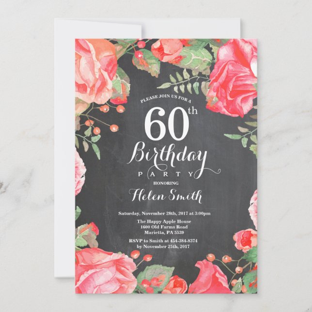 Botanical Red Floral 60th Birthday Invitation (Front)