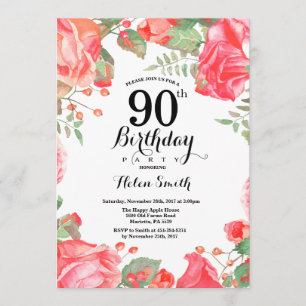 Botanical Red Floral 90th Birthday Invitation