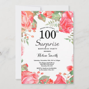 Botanical Red Floral Surprise 100th Birthday Invitation