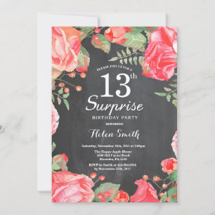 Botanical Red Floral Surprise 13th Birthday Invitation