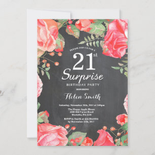 Botanical Red Floral Surprise 21st Birthday Invitation