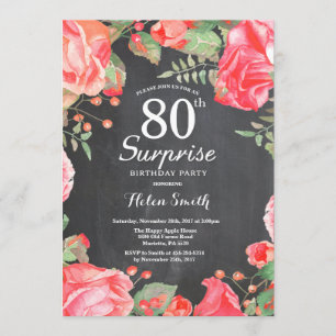 Botanical Red Floral Surprise 80th Birthday Invitation