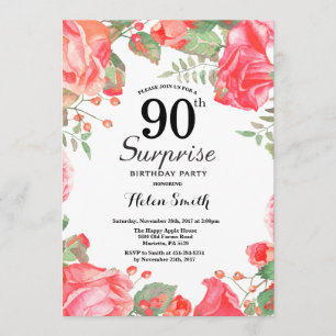 Botanical Red Floral Surprise 90th Birthday Invitation