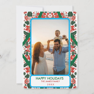 Botanical Red & Green Folk Art Floral Christmas Holiday Card