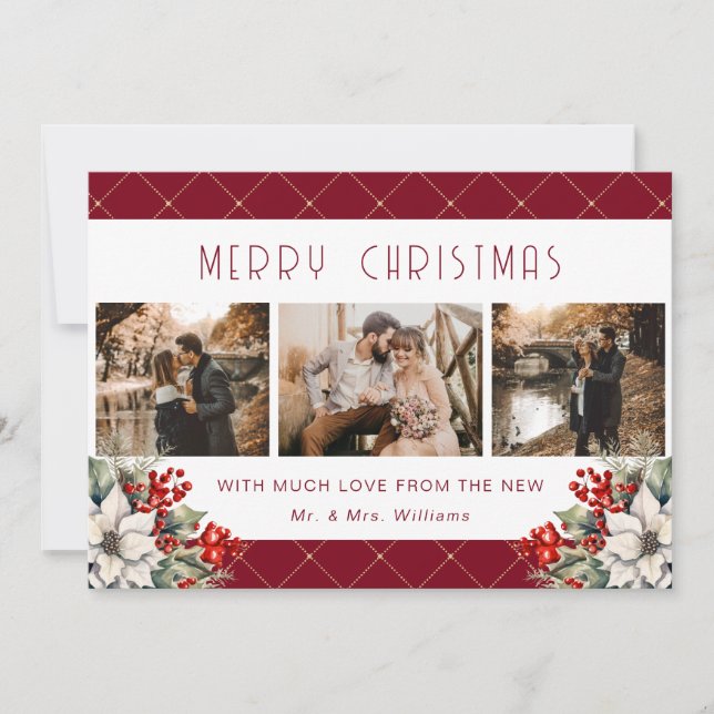Botanical Red Merry Christmas Newlywed 3 Photo Holiday Card (Front)