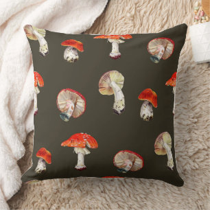 Botanical Red Mushrooms on Dark Background Cushion