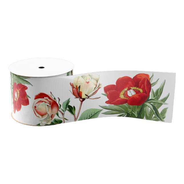 Botanical Red Roses Peony Flowers Floral Ribbon Grosgrain Ribbon (Spool)