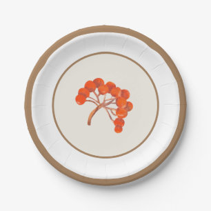Botanical Red Rowan Berry Gold Stripe Paper Plate