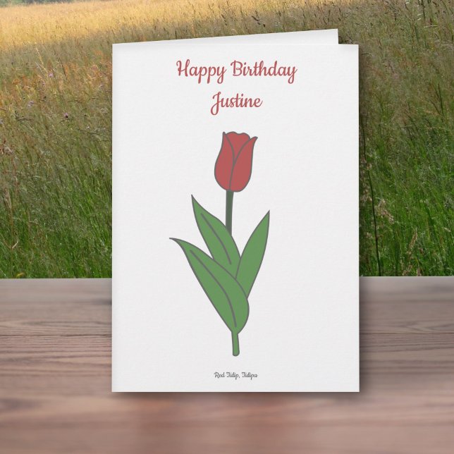 Botanical Red Tulip Pastel Flower Birthday Card (Botanical Red Tulip Birthday Card)