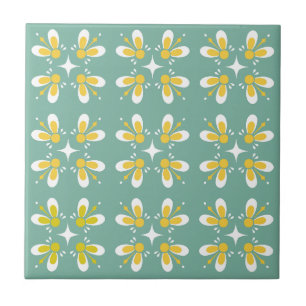 Botanical retro flowers on turkos background  ceramic tile