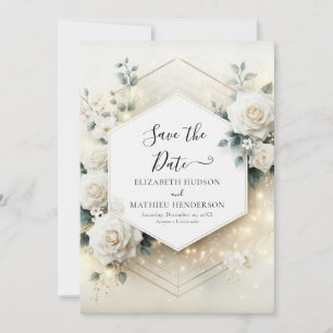 Botanical Romance White Roses Wedding Save The Date