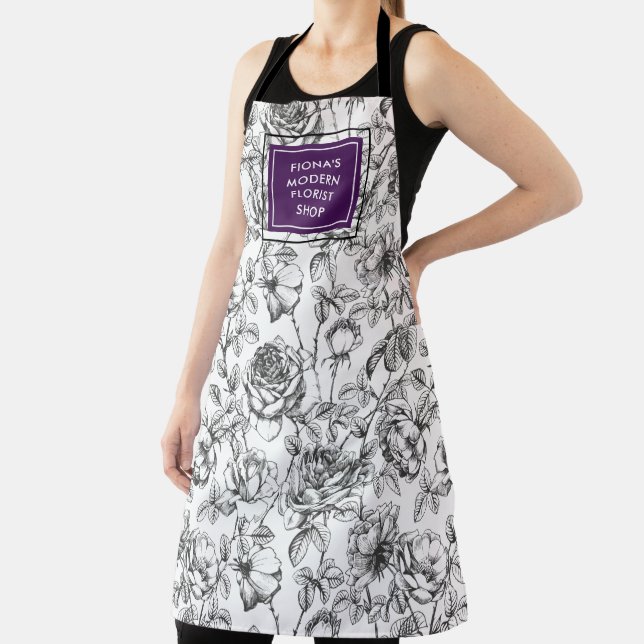 Botanical Rose Black and Purple Business Apron (Insitu)