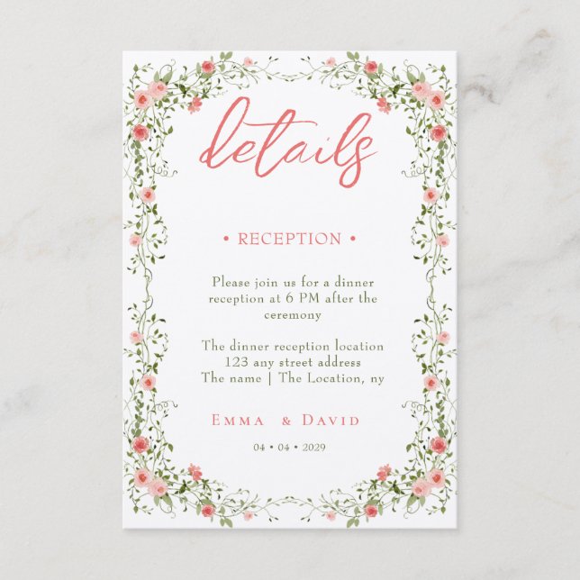 Botanical Roses accommodation QR Code Wedding Enclosure Card (Front)