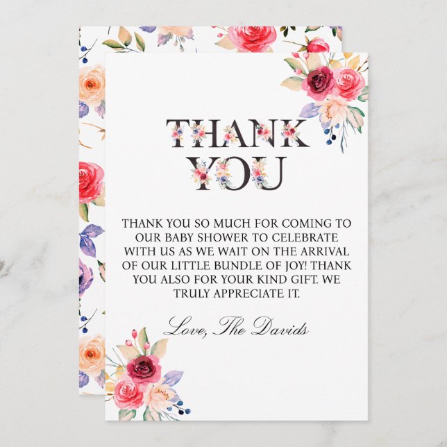 Botanical Roses Baby Shower Thank You Card (Front/Back)