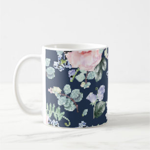 Botanical Roses Blue Vintage Pattern. Coffee Mug