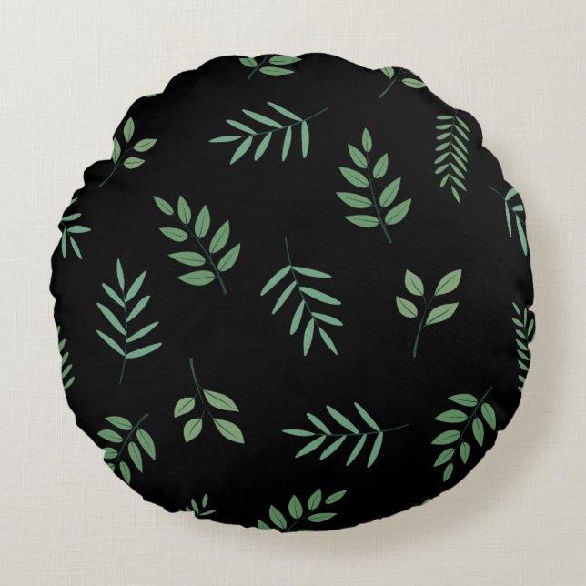 Botanical Round Pillow – Leaf on Black Design (Front)