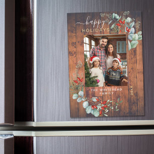 Botanical Rustic Cherry Wood Holiday Magnet Card