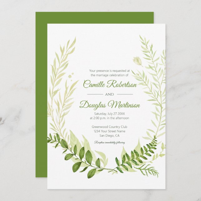Botanical Rustic Greenery Laurel Wreath Wedding |  Invitation (Front/Back)