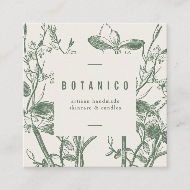Botanical Sage Cream Floral Simple Classy Square Business Card (Front)