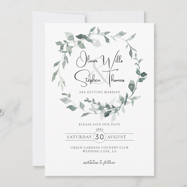 Botanical Sage Dusty Green Greenery Save The Date Invitation (Front)
