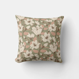 Botanical Sage Green Beige Lily Floral Pattern Cushion