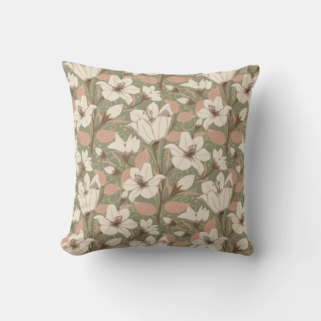 Botanical Sage Green Beige Lily Floral Pattern   Cushion (Front)