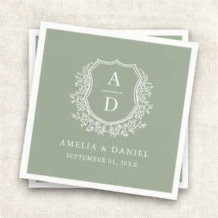 Botanical Sage Green Crest Wedding Monogram Napkin