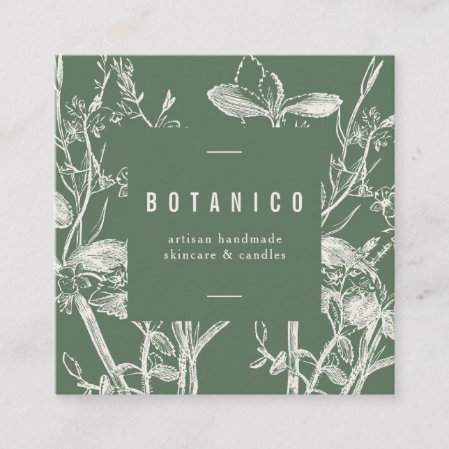 Botanical Sage Green Floral Simple Classy Square Square Business Card (Front)