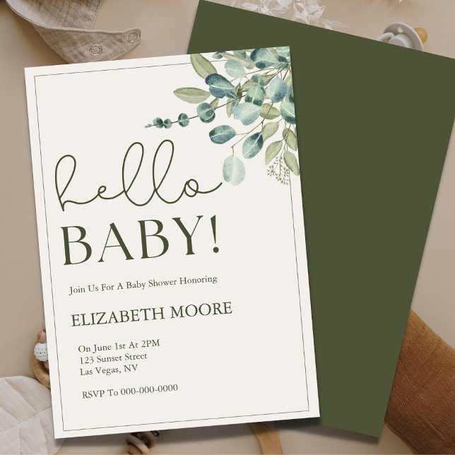 Botanical Sage Green Hello Baby Baby Shower Invitation (Creator Uploaded)
