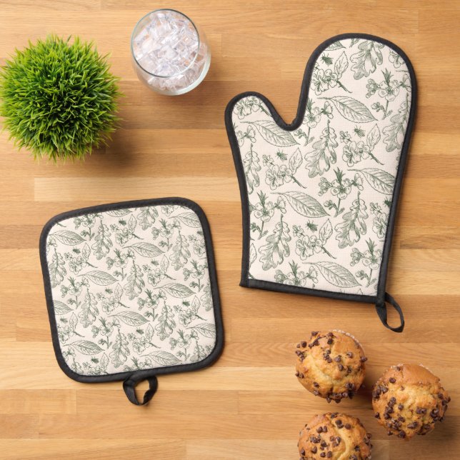 Botanical Sage Green Leaves Floral Art Pattern Oven Mitt & Pot Holder Set (Top Down)