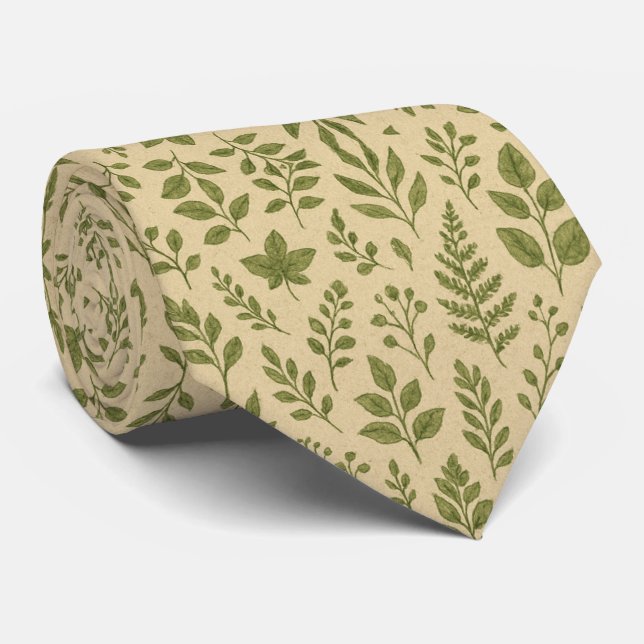 Botanical Sage Green Leaves Tie (Rolled)