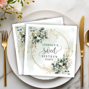 Botanical Sage Green Sweet Sixteen Gold Leaf Napki Napkin