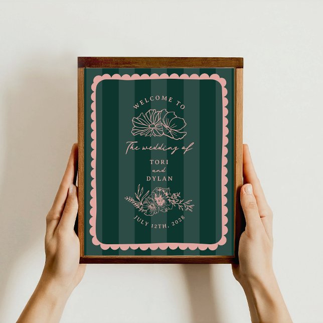 Botanical Scalloped Border Stripe Wedding Welcome Poster (Creator Uploaded)