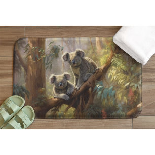 Botanical scene curious koalas in eucalyptus tree  bath mat