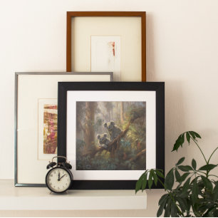 Botanical scene curious koalas in eucalyptus tree poster