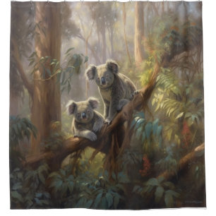 Botanical scene curious koalas in eucalyptus tree shower curtain