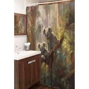Botanical scene curious koalas in eucalyptus tree  shower curtain