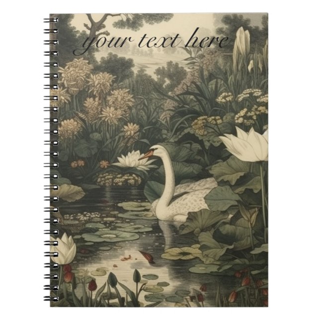 Botanical scene of a white swan customisable notebook (Front)