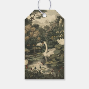 Botanical scene of a white swan in a forest river gift tags