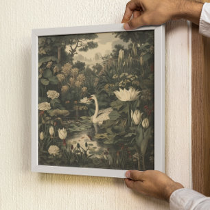 Botanical scene of a white swan in a forest river poster