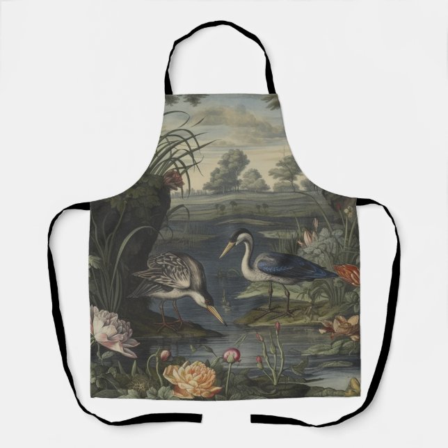 Botanical scene of blue crane by a river apron (Front)